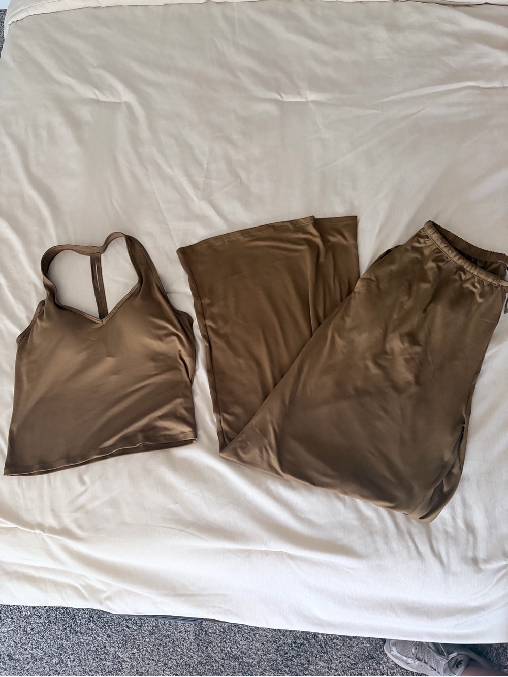 Source Unknown Olive Satin Tank Top and Wide-Leg Pants Set
